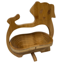 Load image into Gallery viewer, Puppy Folding Bamboo Bowl Fruit Basket Collapsible Foldable Wood Stand Display Bowl Trivet