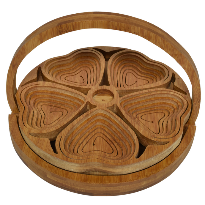 5 Hearts Folding Bamboo Bowl Fruit Basket Collapsible Foldable Wood Stand Display Bowl Trivet