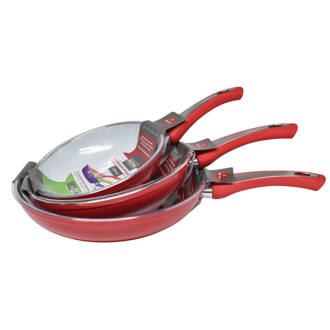 Set of 3 Ceramic Pan Non Stick Pans Novabest Induction Gas Ceramic Electric Hob