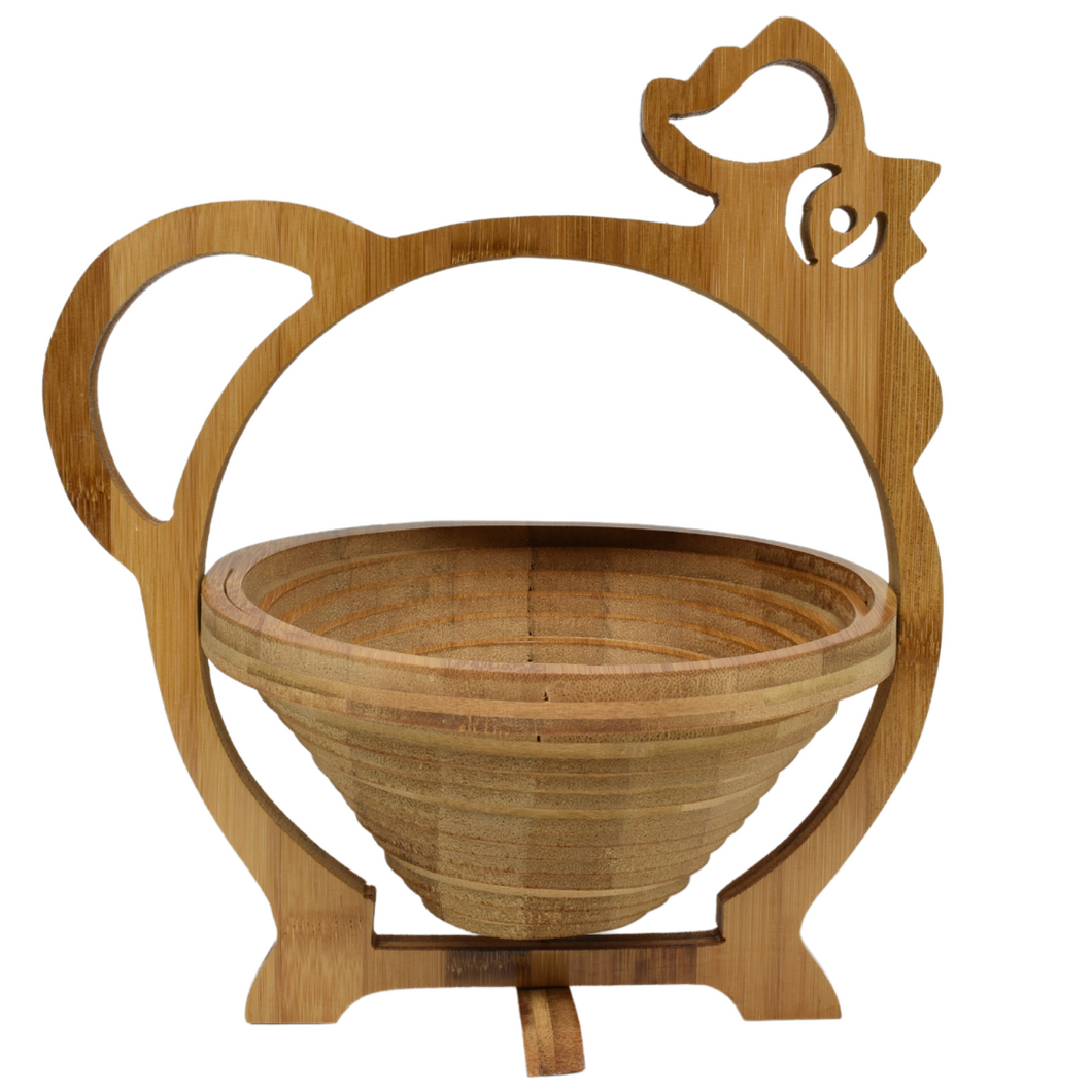 Chicken Folding Bamboo Bowl Fruit Basket Collapsible Foldable Wood Stand Display Bowl Trivet