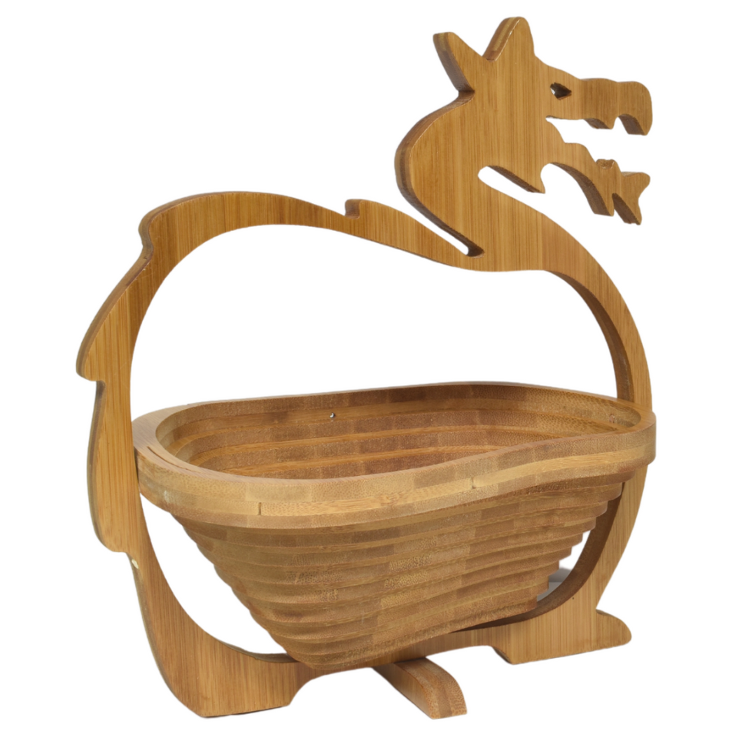 Dragon Folding Bamboo Bowl Fruit Basket Collapsible Foldable Wood Stand Display Bowl Trivet