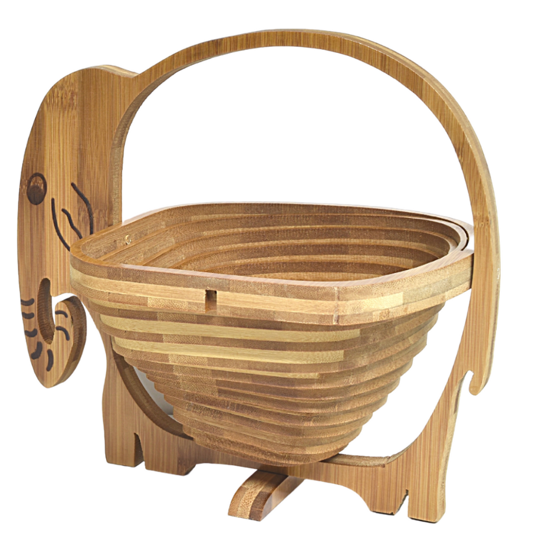 Elephant Folding Bamboo Bowl Fruit Basket Collapsible Foldable Wood Stand Display Bowl Trivet