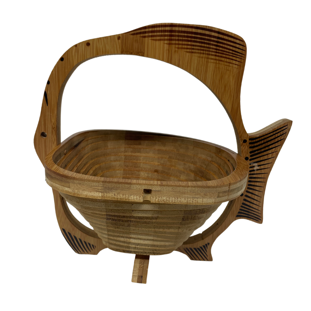 Fish Folding Bamboo Bowl Fruit Basket Collapsible Foldable Wood Stand Display Bowl Trivet