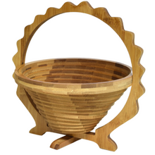 Load image into Gallery viewer, Sun Folding Bamboo Bowl Fruit Basket Collapsible Foldable Wood Stand Display Bowl Trivet

