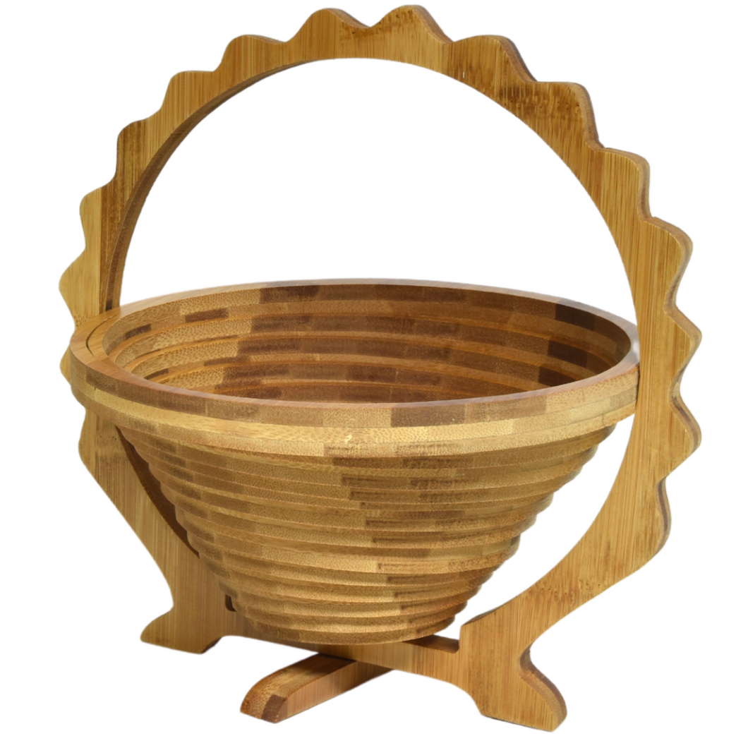 Sun Folding Bamboo Bowl Fruit Basket Collapsible Foldable Wood Stand Display Bowl Trivet