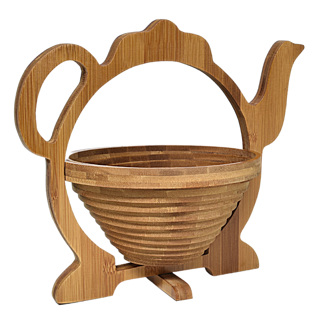 Teapot Folding Bamboo Bowl Fruit Basket Collapsible Foldable Wood Stand Display Bowl Trivet